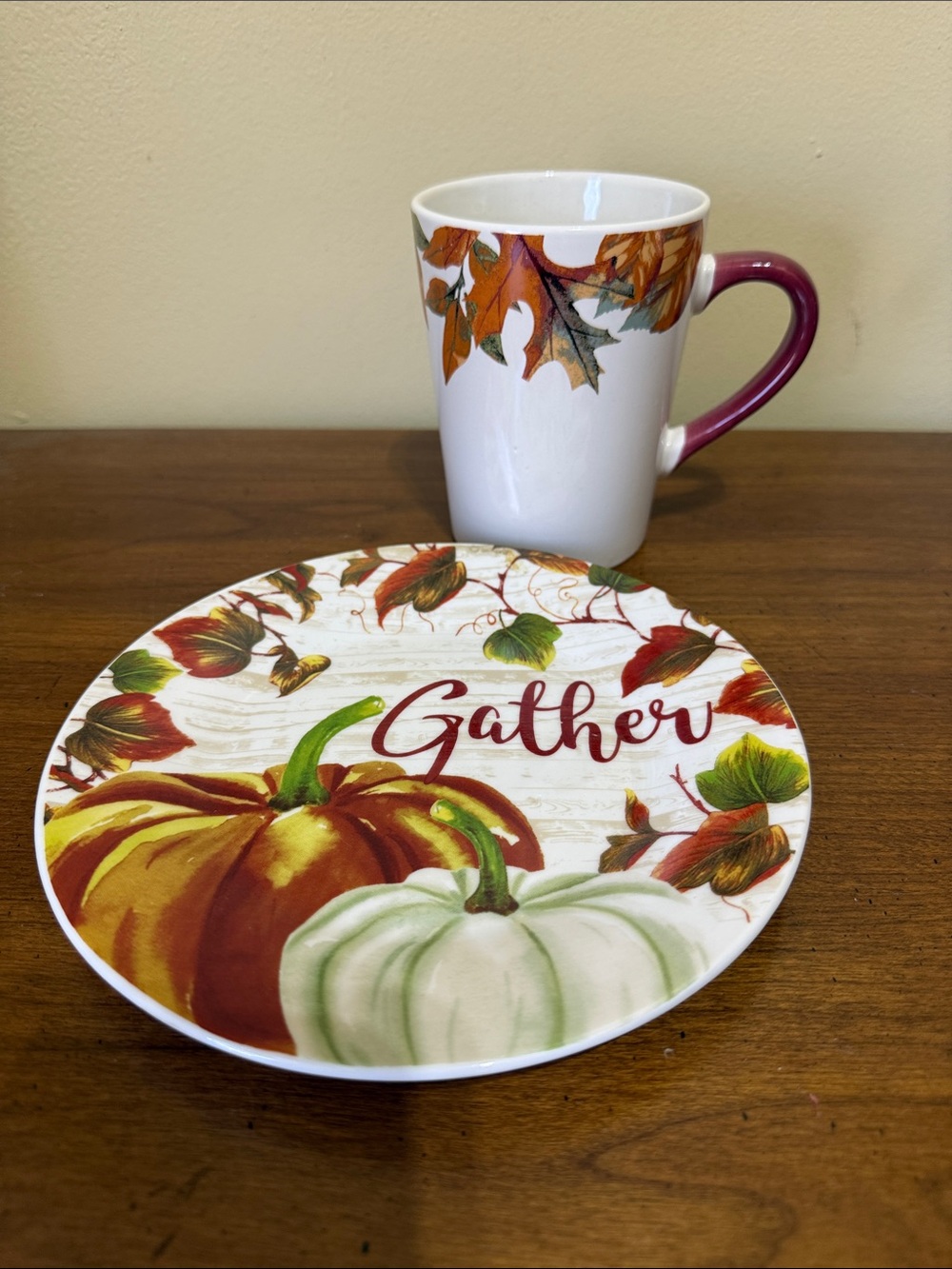 Royal Norfolk Gather Fall Pumpkin Plate and Mug Set - White & Burgundy